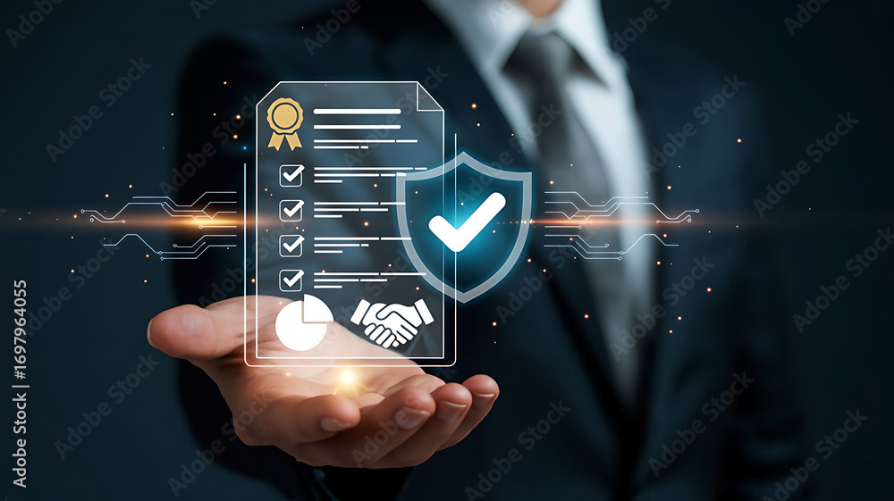 Poster businessman holding a glowing digital document with a shield and checkmark symbolizing data security
