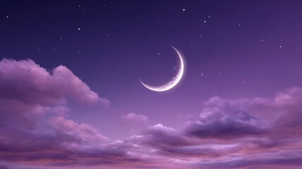Twilight moon crescent cradled in violets and indigo, invoking Ramadan's dreamy serenity, night whispers of lunar magic
