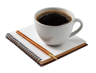A white coffee cup filled with dark coffee sits on a spiral-bound notebook with a pen