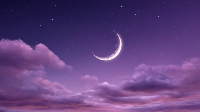 Twilight moon crescent cradled in violets and indigo, invoking Ramadan's dreamy serenity, night whispers of lunar magic