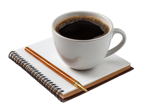 A white coffee cup filled with dark coffee sits on a spiral-bound notebook with a pen