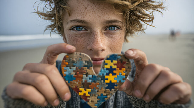 a boy holding colorful puzzle pieces in front of his face, symbolizing the idea that together we can help kids with autism.