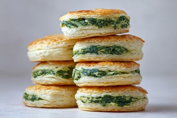 Golden flaky pastries embrace emerald spinach swirls, invoking Bastille Day picnics and nourishing Diwali feasts with vibrant decadence