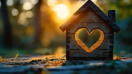 Wooden house with heart cutout, sunset background