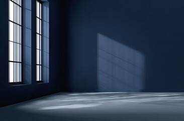 Empty dark blue room with dramatic sunlight casting geometric shadows through large windows.