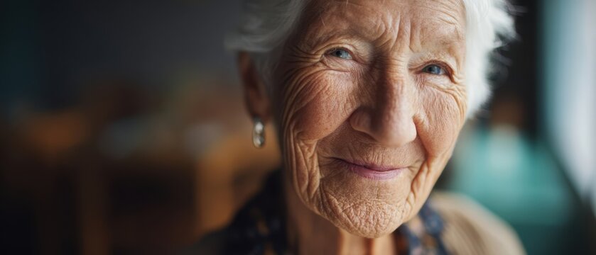 The elderly woman smiling in soft window light with gentle wrinkles and kind eyes