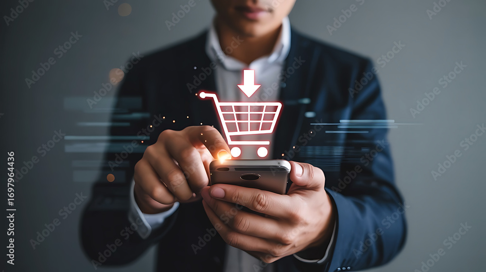 Poster man in a suit using a smartphone to make online purchases with a digital shopping cart overlay