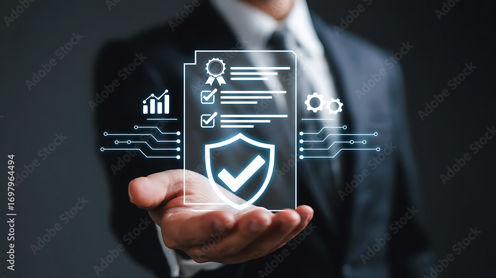 Aufkleber businessman holding a transparent screen displaying a verified checklist with a shield icon and data