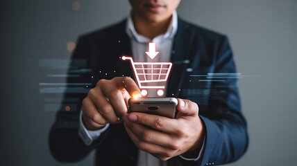 Man in a suit using a smartphone to make online purchases with a digital shopping cart overlay