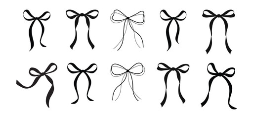 Simple hand drawn black bows. Bowknot for decoration, big set of bowtie. Large retro hand drawn ribbon illustration set. Set of various cartoon bow knot, gentle gift ribbon. Black collection set