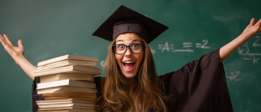 The Graduate Celebrating Academic Success With Books and Joyful Expression in Classroom