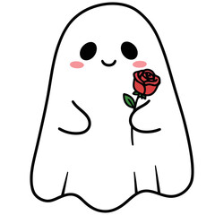 Adorable Cartoon Ghost Holding a Red Rose with Green Leaves.