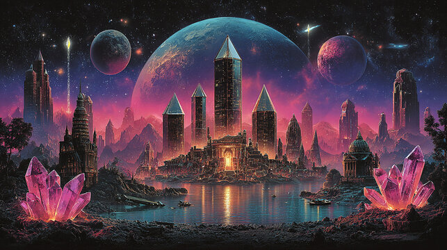 sky, night, architecture, landscape, moon, building
