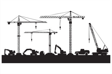 Black Silhouette Icons of Trucks and Cranes for Building Illustration