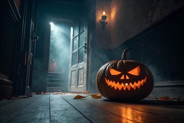 Eerie Halloween Pumpkin with Glowing Eyes and Menacing Face in Dark Room