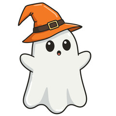 Cartoon Ghost with Orange Witch Hat and Black Outline for Halloween.