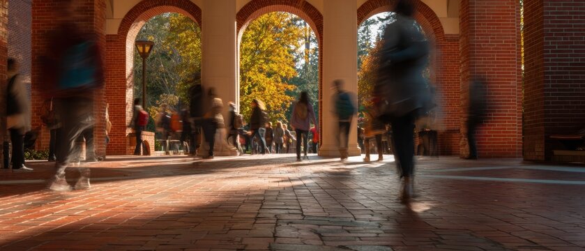 The students walking through a sunlit brick archway on a university campus in autumn