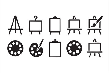 Outline and Solid Art Icon Collection with Easel and Painting Palette