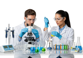 Fototapeta premium Two scientists in lab coats and gloves working with beakers and a microscope isolated on transparent background