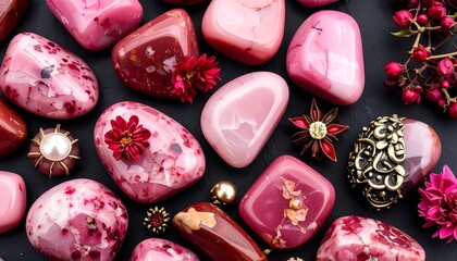 Pink and red stones and flowers on dark background