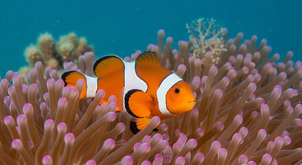 Close-up underwater shot of clownfish swimming among anemones in tropical reef