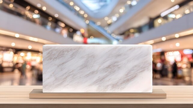 Empty marble display counter at modern shopping mall with blurred background showcasing retail stores and bright lighting