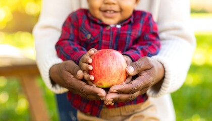 Fototapeta premium A small child holds a bright red , cradled gently in the hands of a loving adult, creating a warm and caring image.
