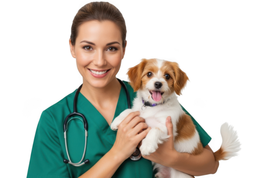 Smiling veterinarian in green scrubs holding a happy puppy isolated on transparent background