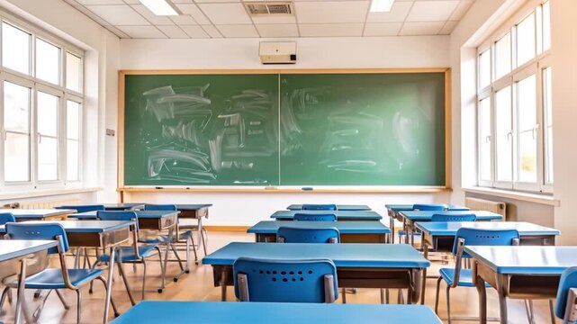 An empty classroom with rows of blue desks faces a green chalkboard