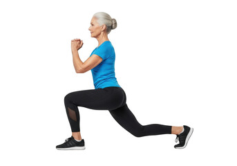 Fit senior woman performing a lunge exercise in athletic wear isolated on transparent background
