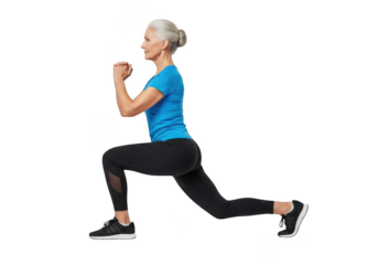 Fit senior woman performing a lunge exercise in athletic wear isolated on transparent background