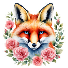 Fototapeta premium a watercolor painting depicts a striking fox head framed by a delicate wreath of pink roses and lush green foliage.