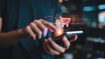 Close up of a person s hands using a smartphone to shop online with a glowing shopping cart icon overlay
