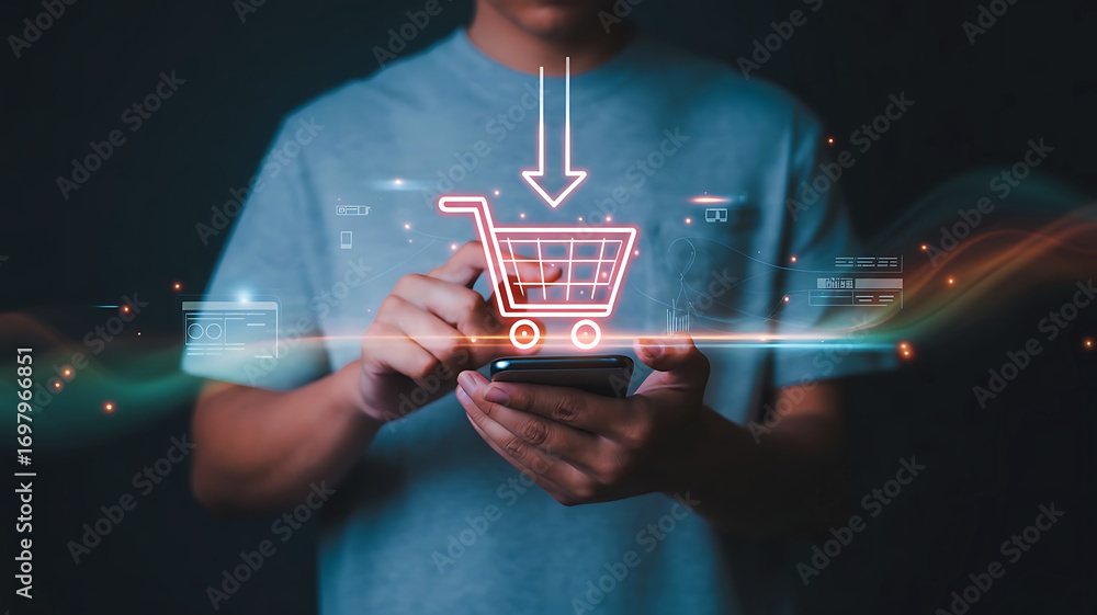 Poster man s hands holding smartphone with glowing shopping cart icon and digital data overlay representing