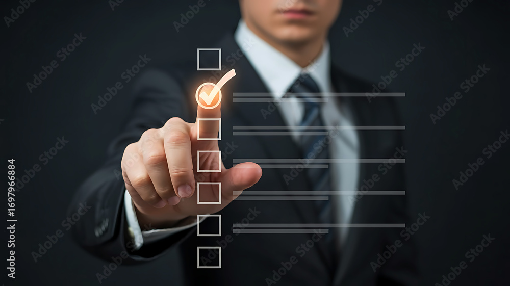 Poster businessman in a suit and tie using a digital stylus to mark a checkbox on a virtual to do list
