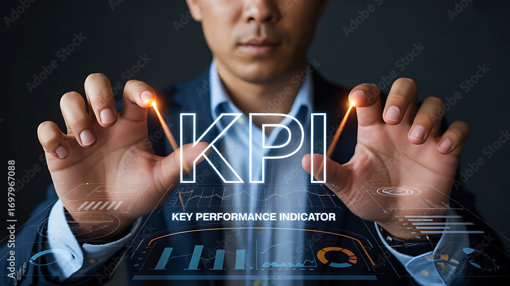Poster businessman interacting with glowing kpi text and futuristic digital interface displaying data analy