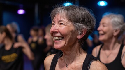 Happy senior woman smiling and enjoying a lively dance event with friends in a vibrant indoor setting du evening entertainment