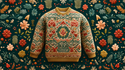 Festive Knitted Christmas Sweater with Floral Ornament Pattern