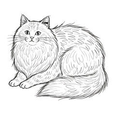 Handdrawn sketch of a fluffy longhaired cat sitting with a bushy tail.