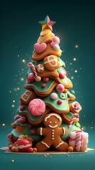 Gingerbread Christmas Tree Decorated with Candy and Icing