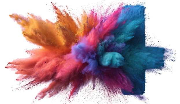 Colorful powder explosion, radiating outwards from a central point, with a plus sign shape at the core