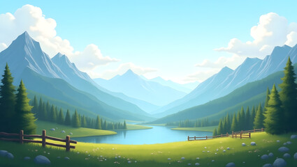 AI Realistic Render of Majestic Mountain Landscape with Green Valleys in 169 HD