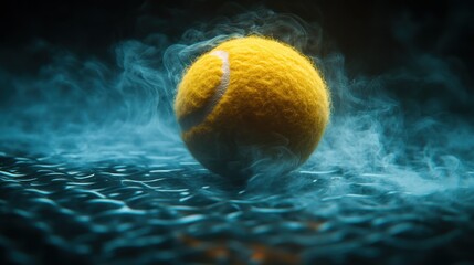 Yellow tennis ball, smoke, dark background