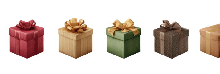 Four gift boxes in muted tones, featuring gold ribbons