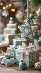 Hanukkah star ornament with festive gifts and decorations