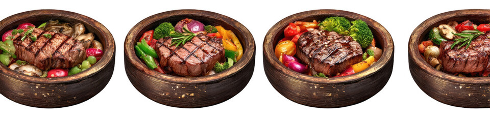 Four earthenware bowls of cooked meat and vegetables