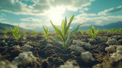 Young corn sprouts emerge from fertile earth, bathed in sunlight
