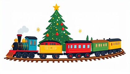 Christmas train with decorated tree on tracks festive holiday illustration.