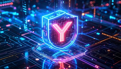 A glowing, neon shield with a central letter, atop a digital circuit board, suggesting security & protection