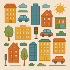 set of cartoon houses and buildings